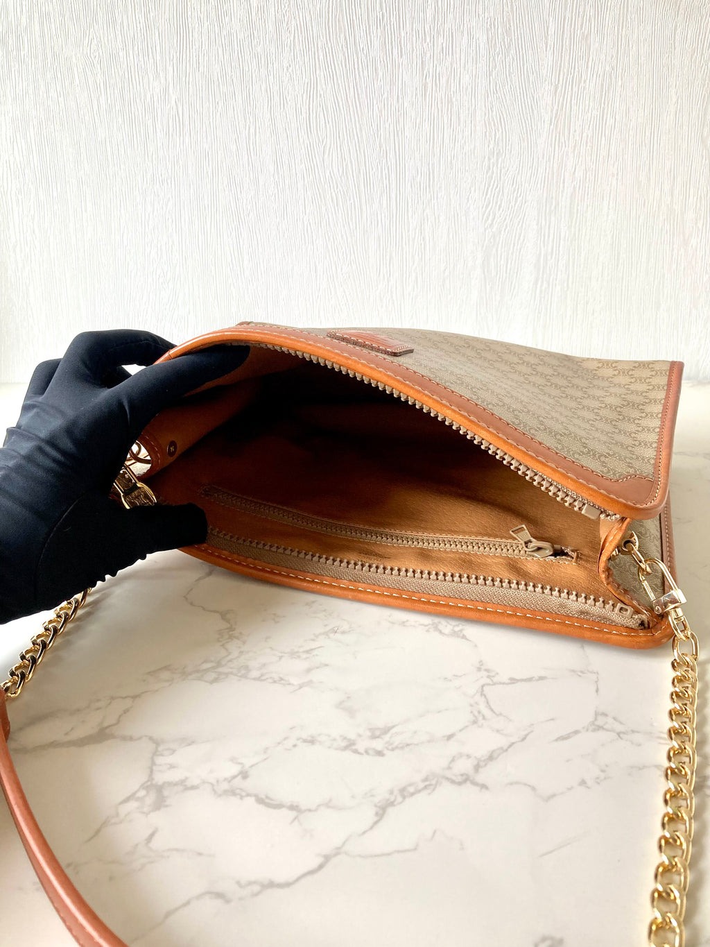CELINE Beige Macadam Monogram Two-way Shoulder Bag / Clutch