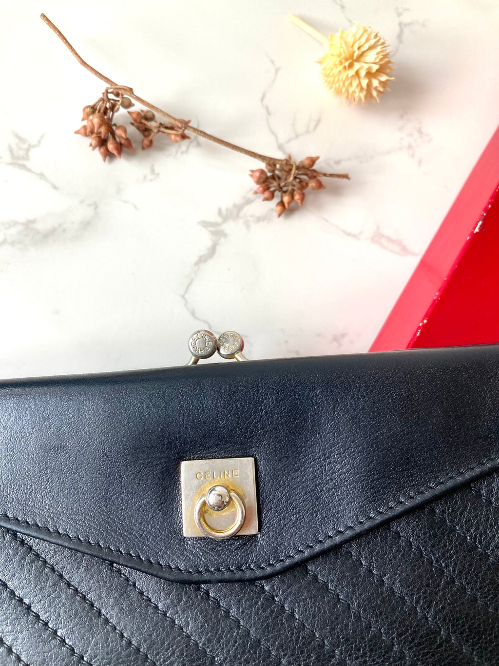 CELINE Black x Gold Ring Lock Leather Long Wallet