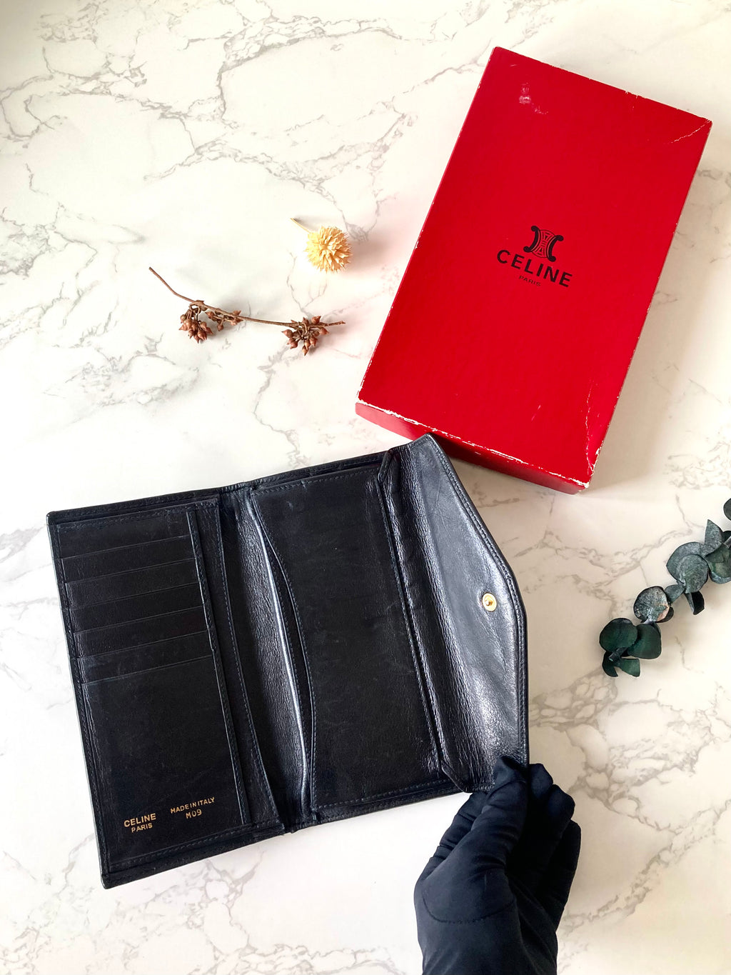 CELINE Black x Gold Ring Lock Leather Long Wallet