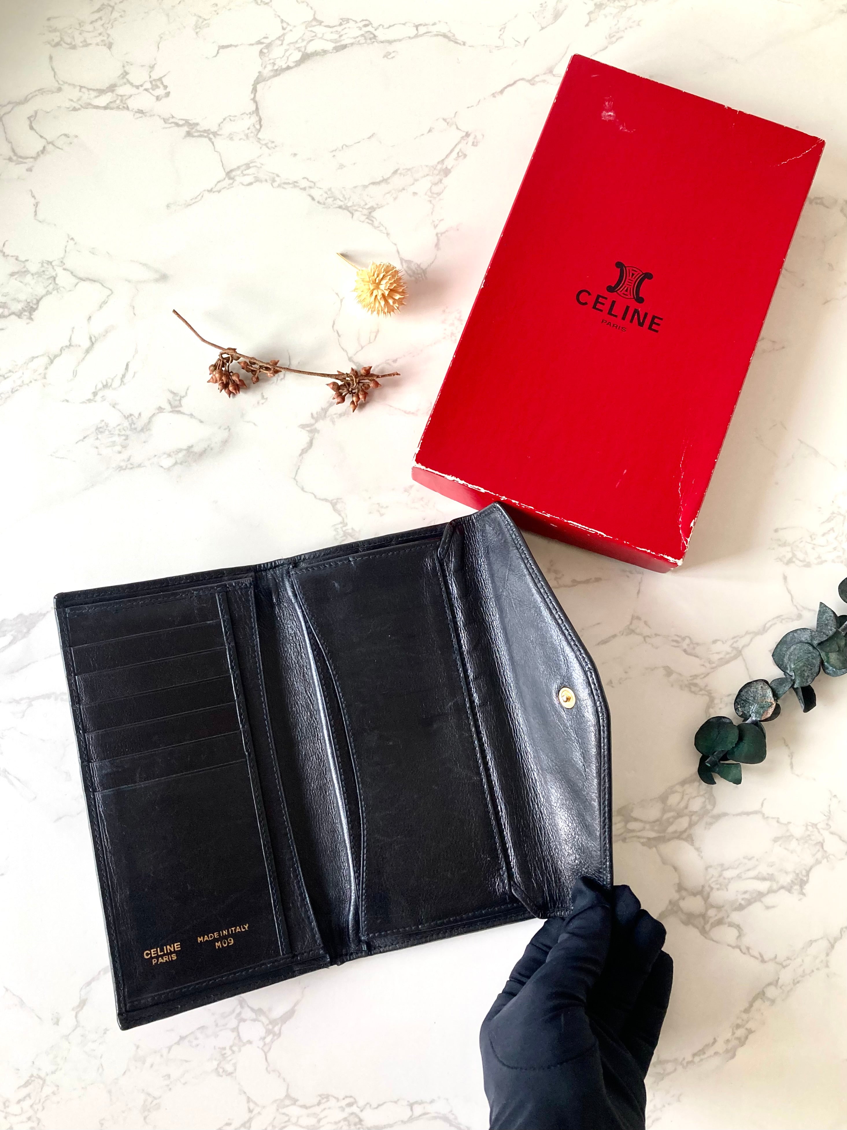 CELINE Black x Gold Ring Lock Leather Long Wallet