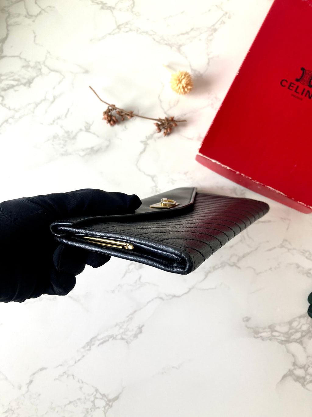 CELINE Black x Gold Ring Lock Leather Long Wallet
