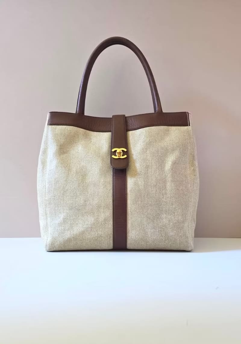 Chanel米咖色拼皮托特包/單肩包/側背包