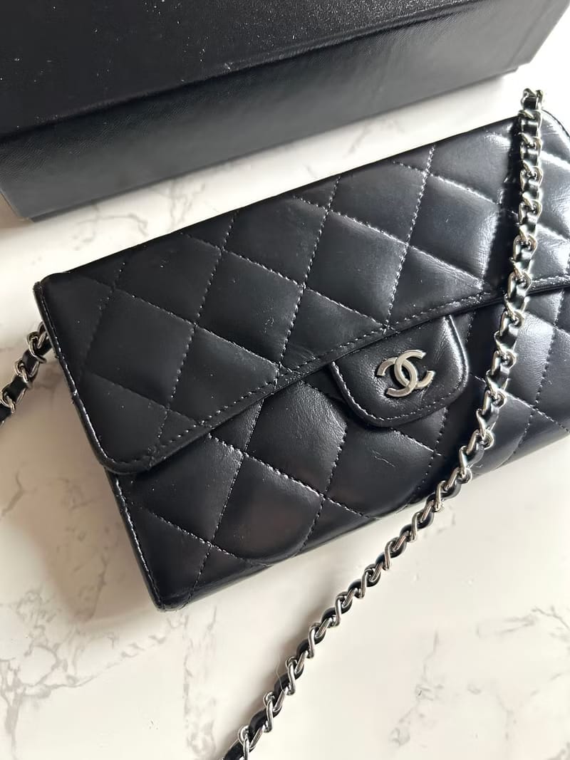 Chanel Classic Black Silver Matelassé WOC Shoulder Bag/Crossbody Bag/Long Wallet