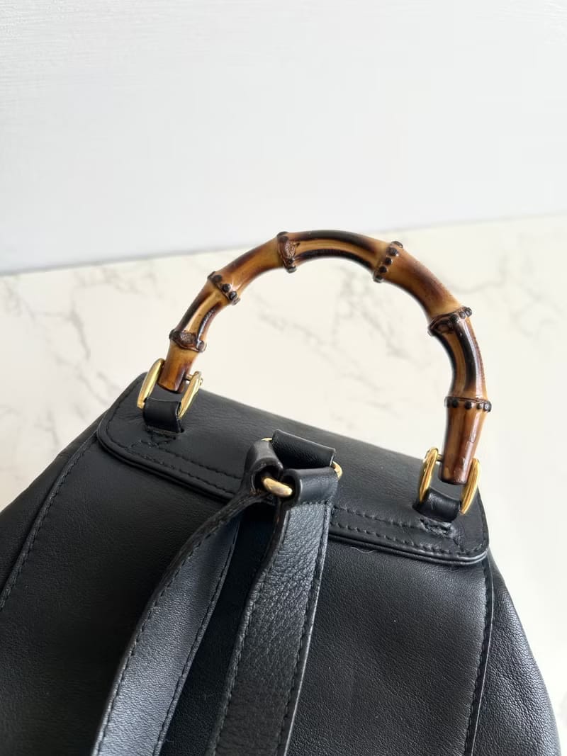 Gucci中古竹節黑色皮革後背包/背囊/雙肩包