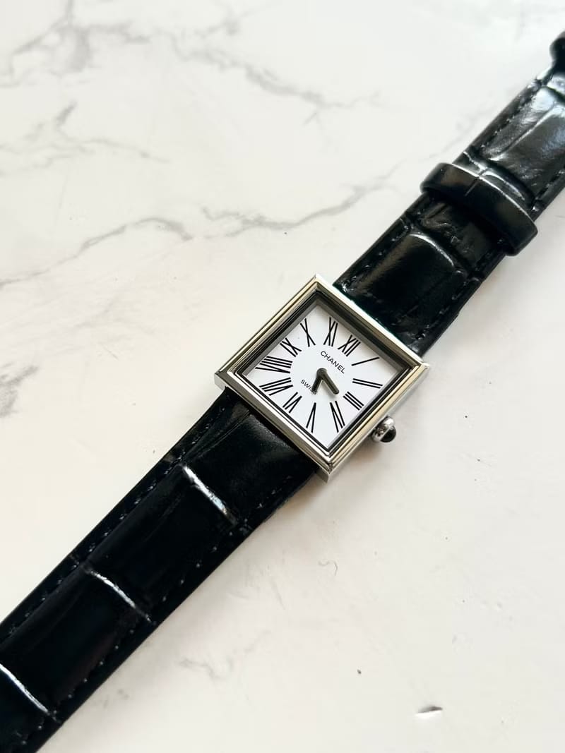 Chanel Mademoiselle Rare Black and Silver White Dial Roman Numeral Vintage Watch