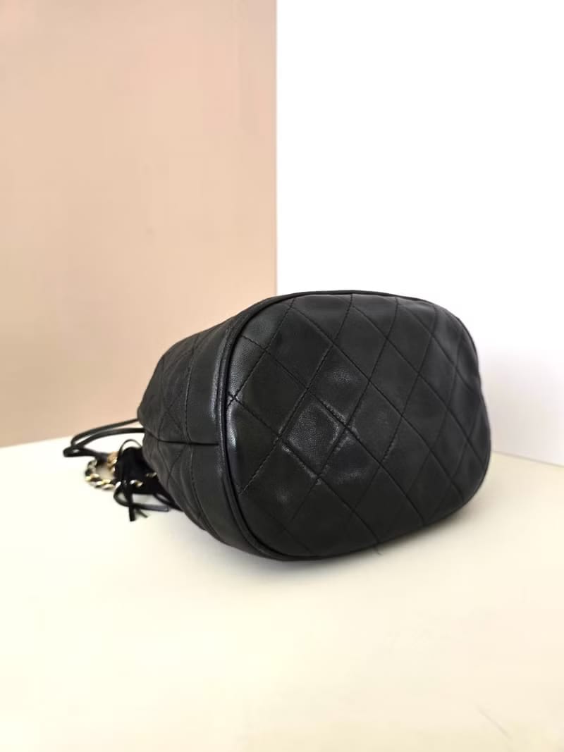 Chanel Vintage Black and Gold Lambskin Matelassé Mini Bucket Bag/Shoulder Bag/Crossbody Bag
