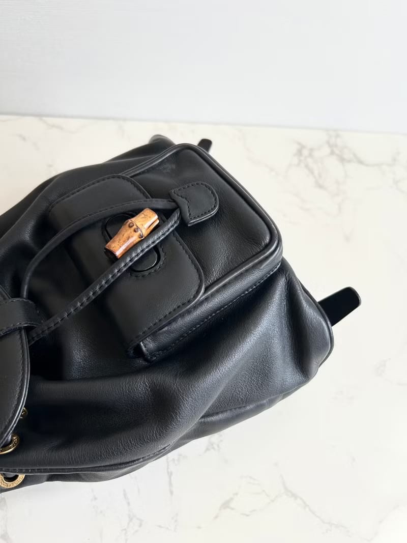 Gucci中古竹節黑色皮革後背包/背囊/雙肩包