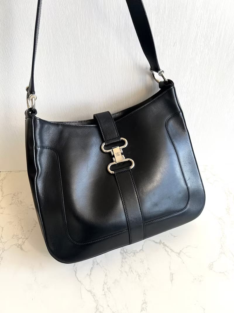 Celine Black and Silver Triomphe Hobo Bag / Shoulder Bag