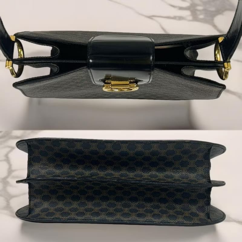 Rare Used Celine Black Macadam Horseshoe Gold Buckle Two-way Kelly/Shoulder Bag/Crossbody Bag