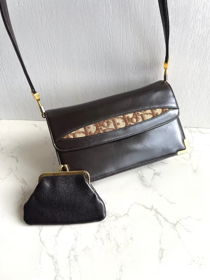 Set of 2 - Dior Burgundy Trotter Oblique Canvas and Leather Shoulder/Crossbody Bag