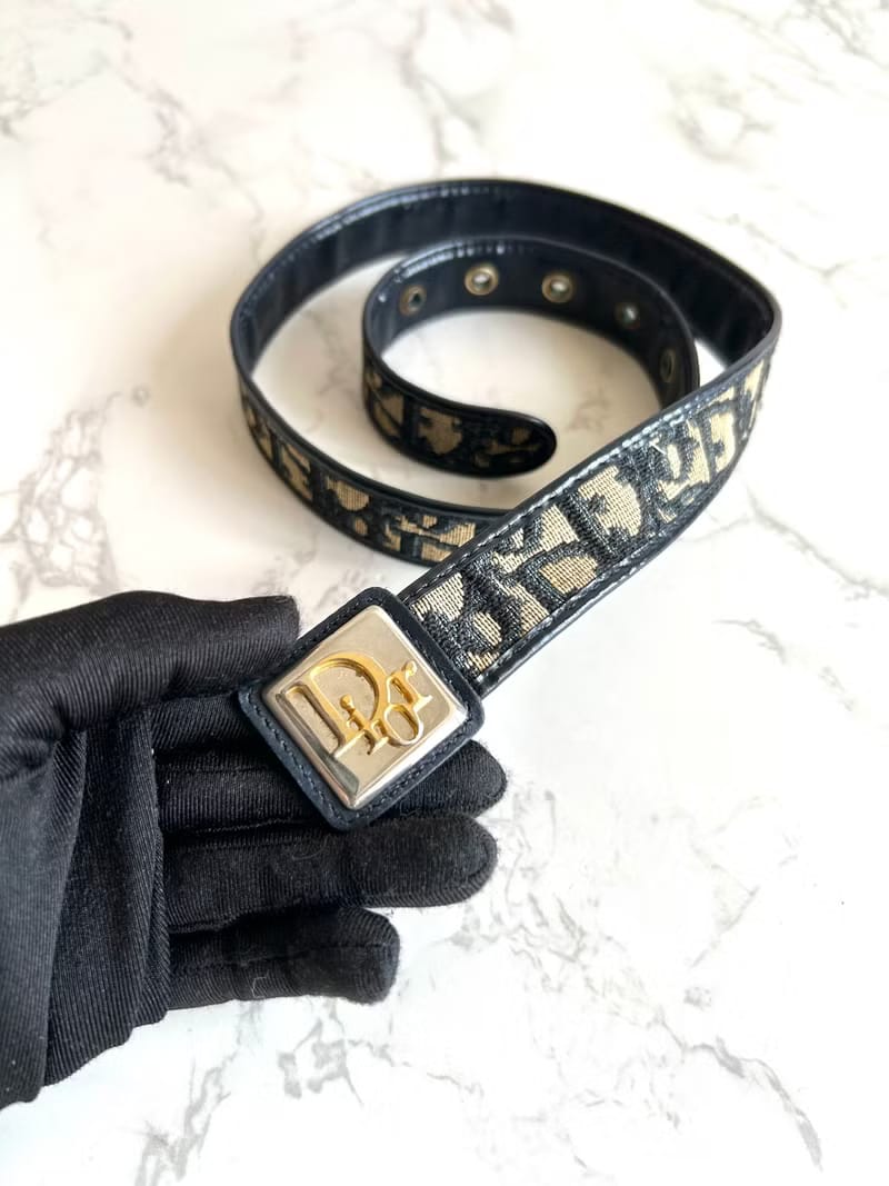 Dior深藍色老花皮革帆布女裝腰帶