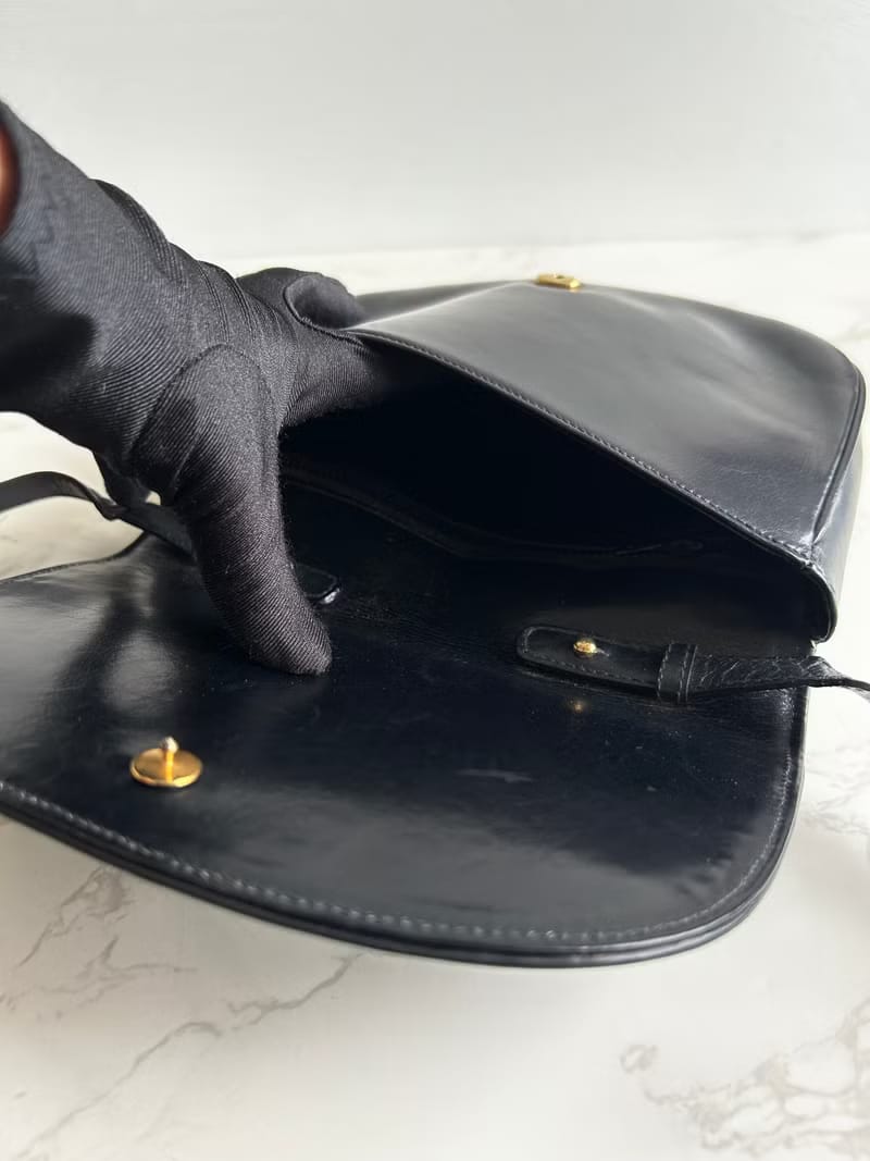 Rare Celine Black and Gold Embossed Badge Half-Moon Bag / Crossbody Bag / Shoulder Bag