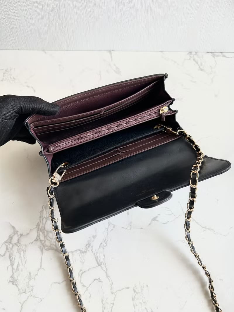 FULL SET💎Chanel Black and Gold Matelasse WOC Leather Shoulder Bag/Crossbody Bag/Wallet