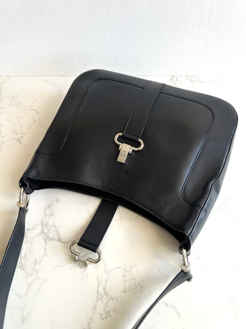 Celine Black and Silver Triomphe Hobo Bag / Shoulder Bag