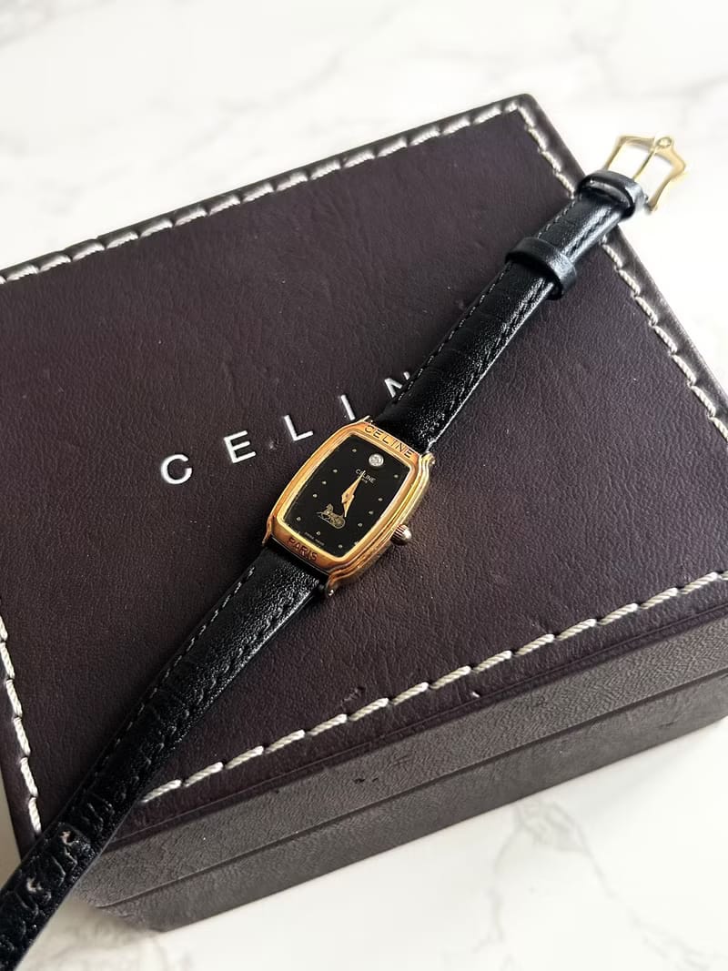 Celine黑金色皮革錶帶馬車手錶/石英腕錶