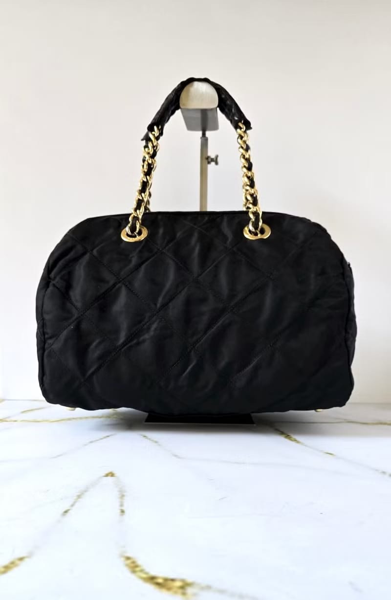 Prada黑金格紋波士頓包 旅行包 手提包