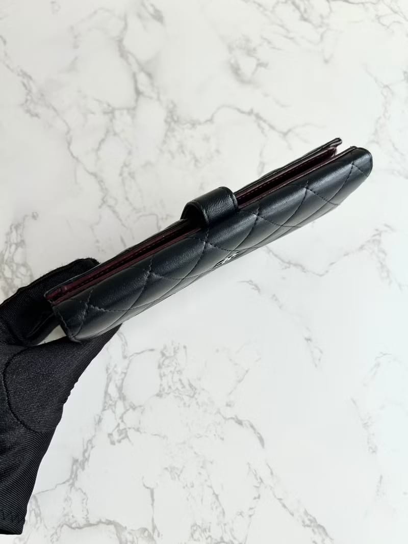 Chanel Black and Silver Lambskin Matelassé Long Wallet