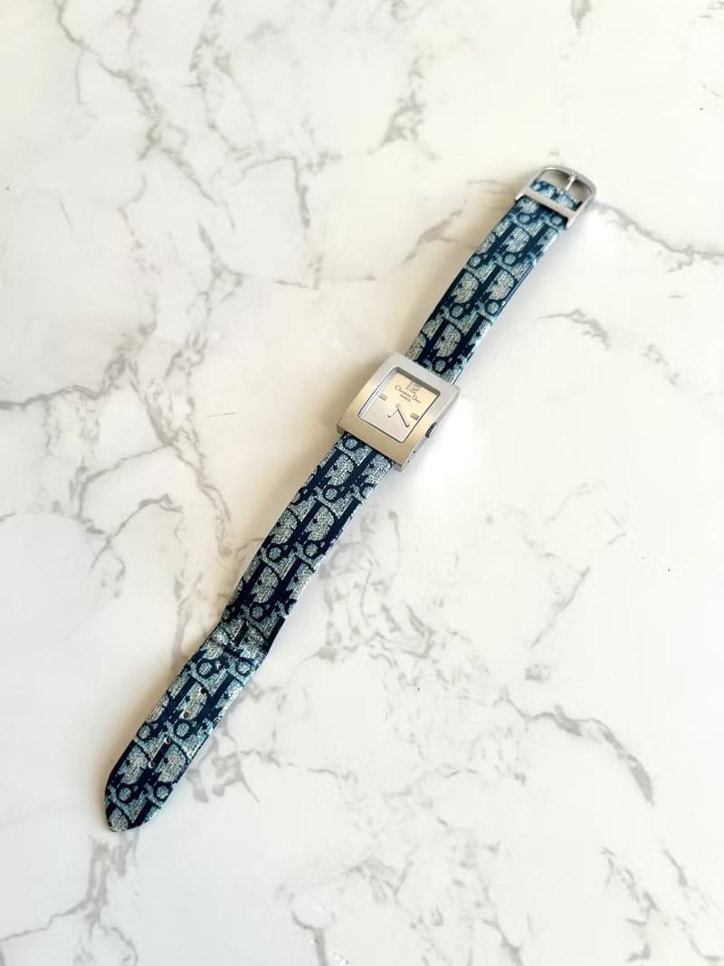 Discontinued Rarity: Dior Blue and White Monogram Small Square Watch - Vintage Ladies Wristwatch - Pre-owned Watch