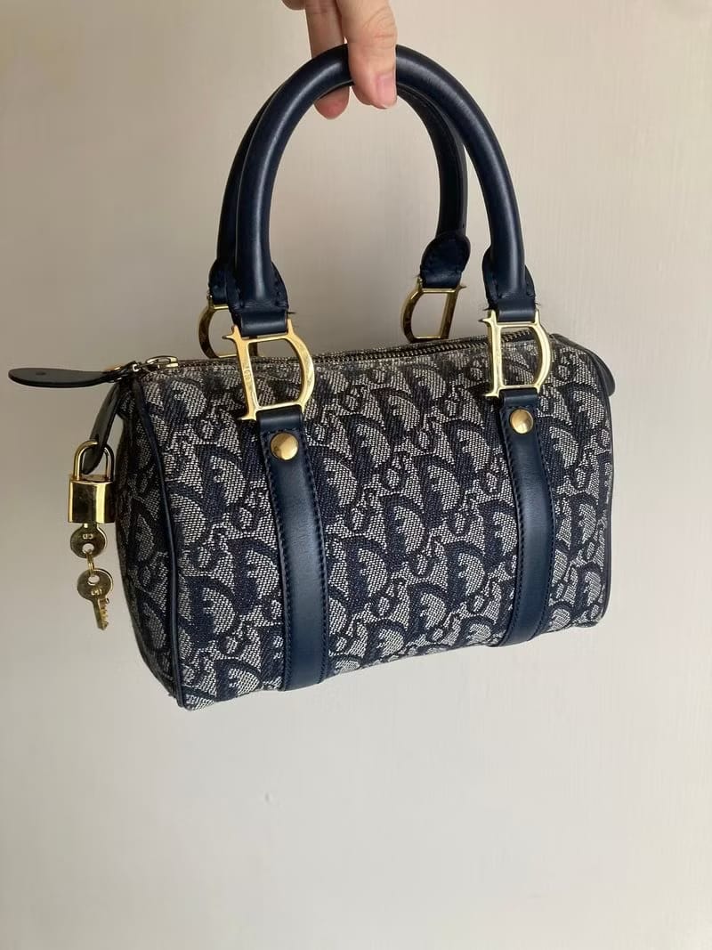 Rare Dior Gray-Blue Trotter 20cm Mini Boston Bag
