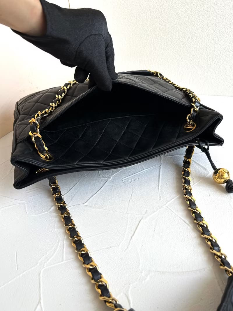 中古二手Chanel黑色皮革鏈條單肩包/托特包/側背包