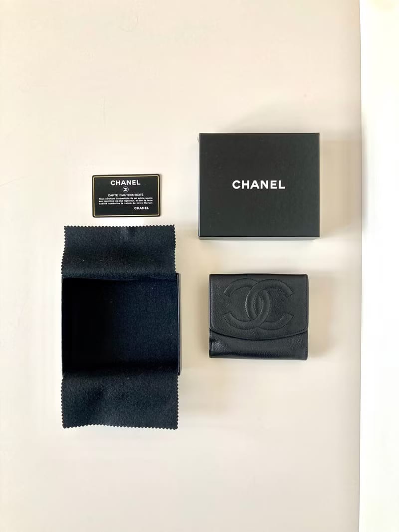 Chanel魚子醬荔枝皮革黑色短夾/皮夾 錢包