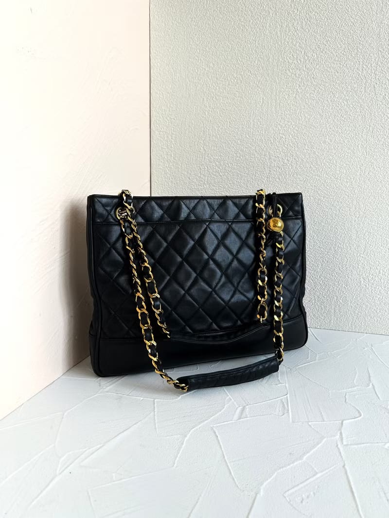 中古二手Chanel黑色皮革鏈條單肩包/托特包/側背包