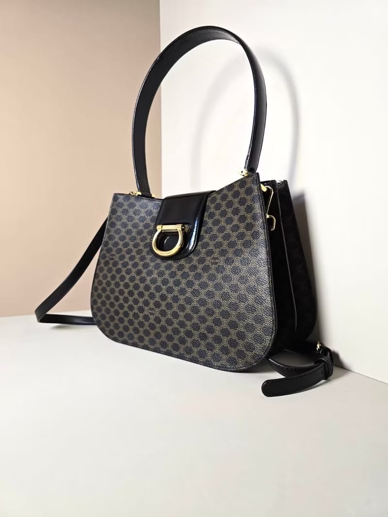 稀有中古二手Celine黑色老花金扣馬鞍皮革腋下包/側背包/斜背包