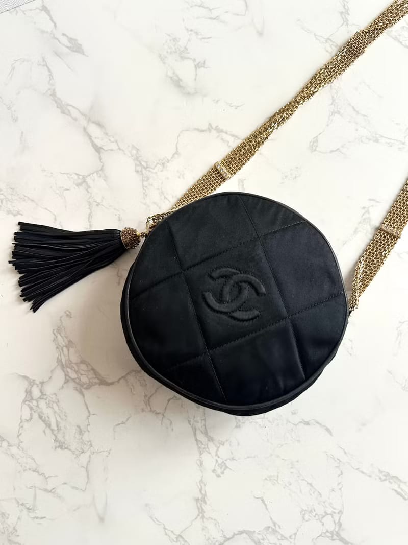 Extremely Rare Chanel Black and Gold Silk Round Bag/Crossbody Bag/Shoulder Bag
