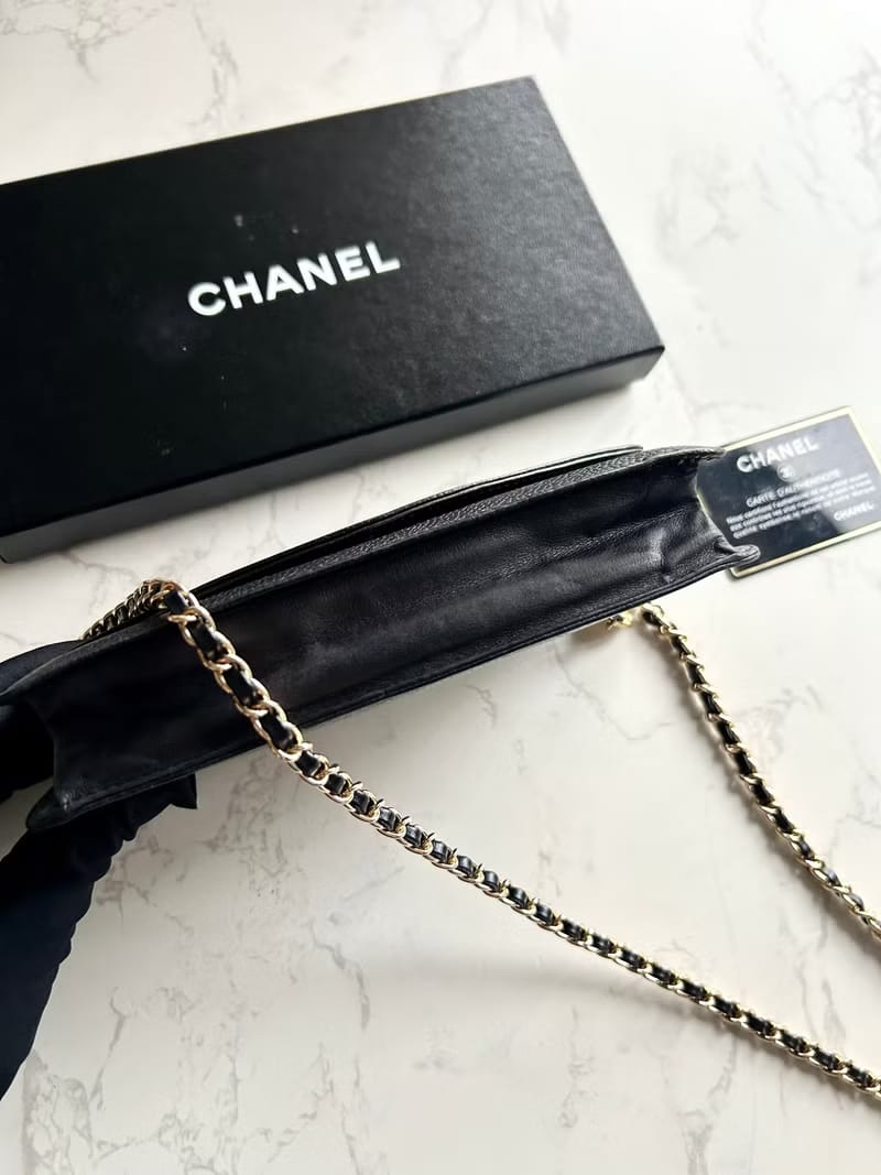 全套配件✨稀有Chanel黑色金扣魚子醬皮革WOC/側背包/斜背包/錢包