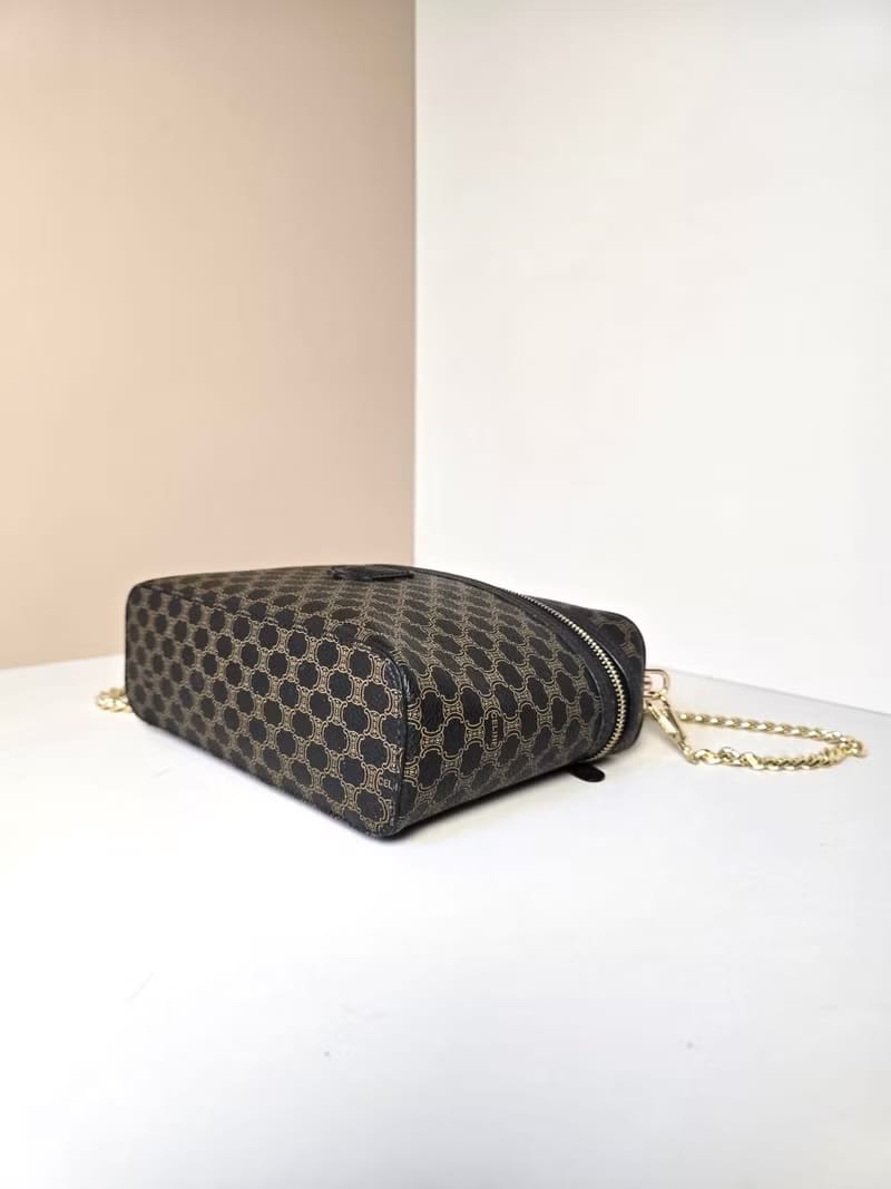 稀有款中古二手Celine黑色老花皮革化妝盒子包/側背包/斜揹包