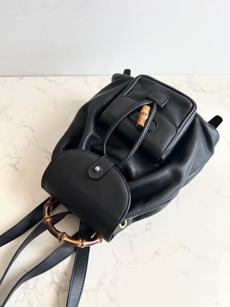 Gucci中古竹節黑色皮革後背包/背囊/雙肩包