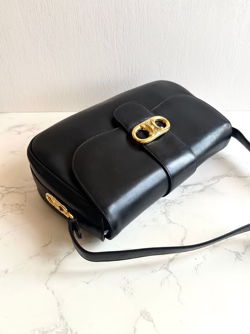 Celine Black and Gold Triomphe Saddle Bag/Shoulder Bag/Crossbody Bag