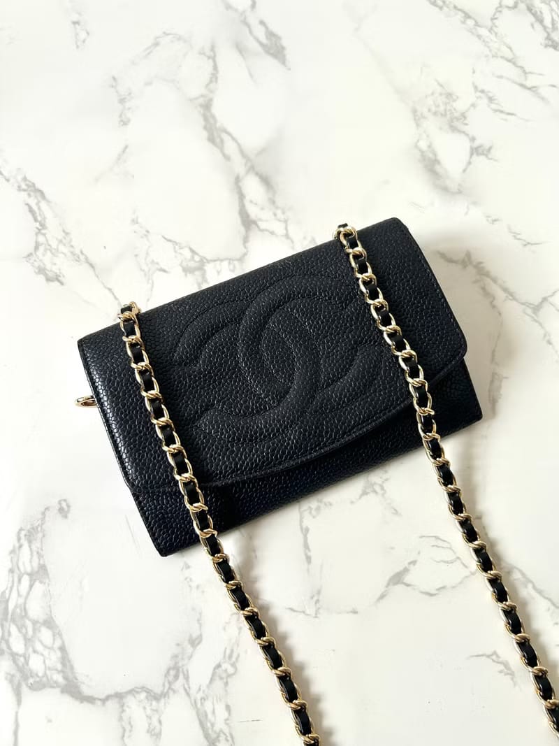 Chanel黑色魚子醬斜背包/單肩包/皮夾/側背包