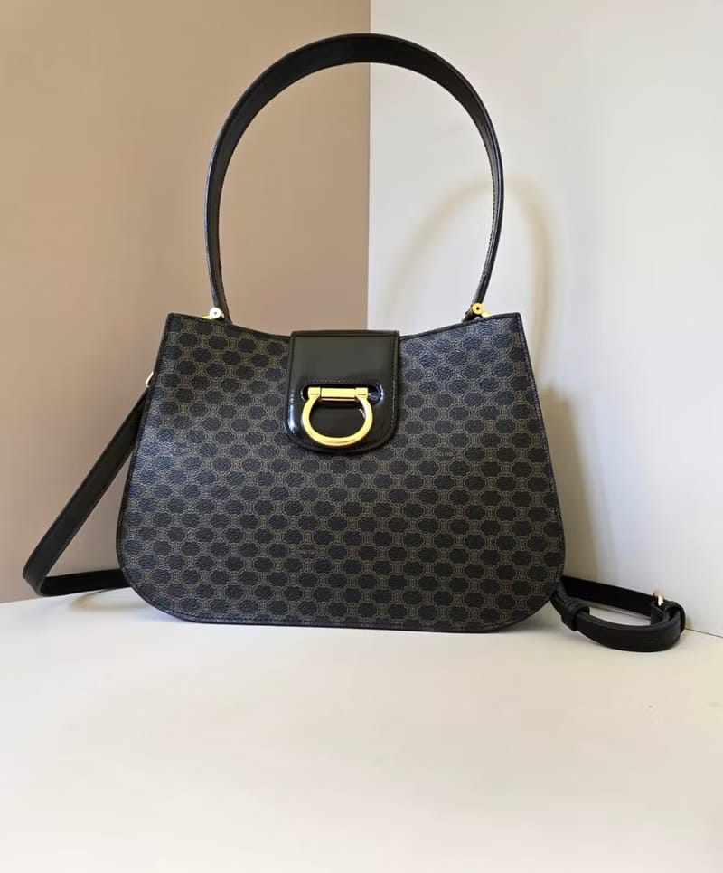 Rare Used Celine Black Macadam Horseshoe Gold Buckle Two-way Kelly/Shoulder Bag/Crossbody Bag