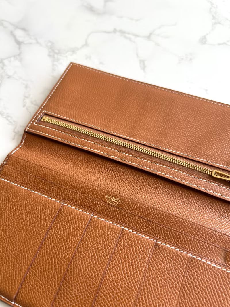Hermes 啡金色皮革Bearn長夾/皮夾
