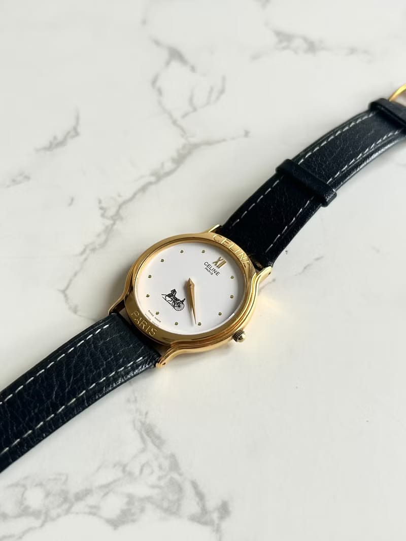 Celine黑金凱旋門皮革帶二手男女裝手錶/腕錶