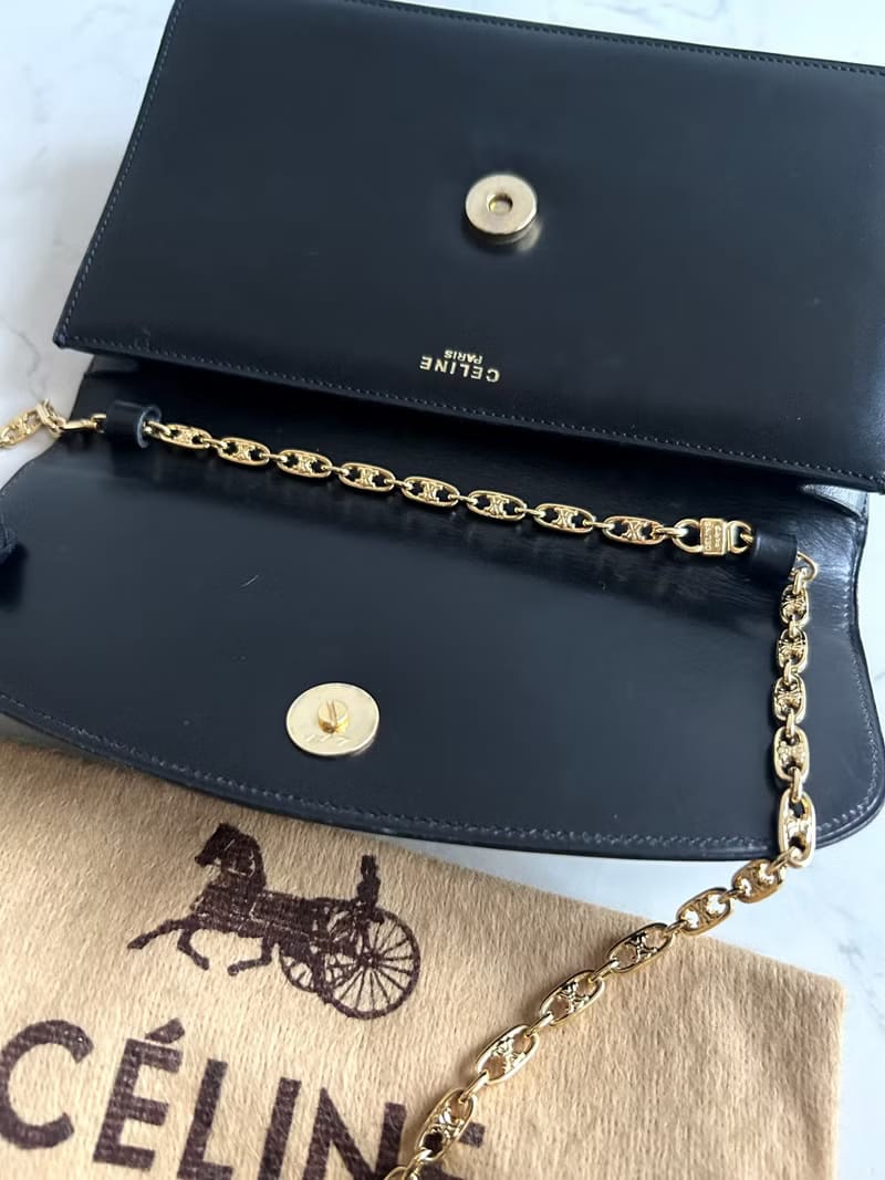 Celine Rare Black Big Planet Triomphe Bag with Triomphe Gold Chain/Shoulder Bag/Crossbody Bag