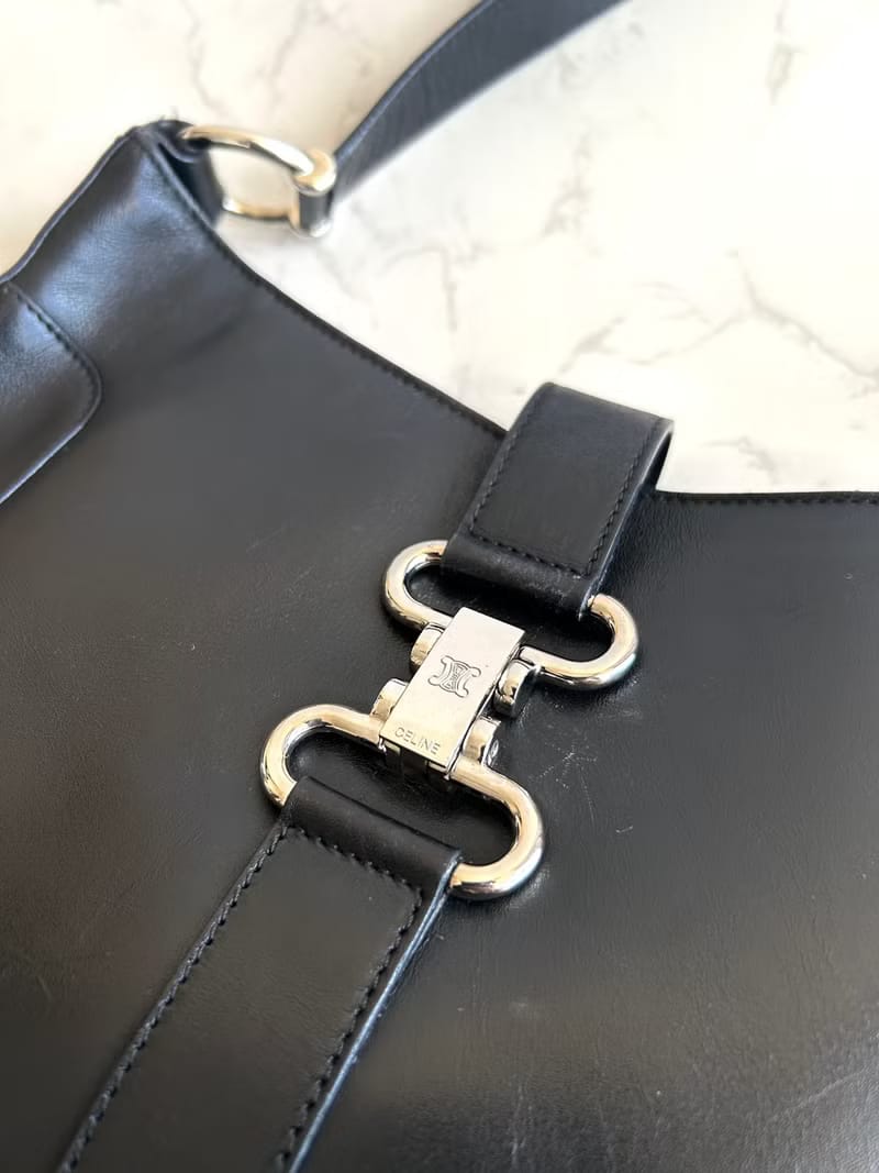 Celine Black and Silver Triomphe Hobo Bag / Shoulder Bag