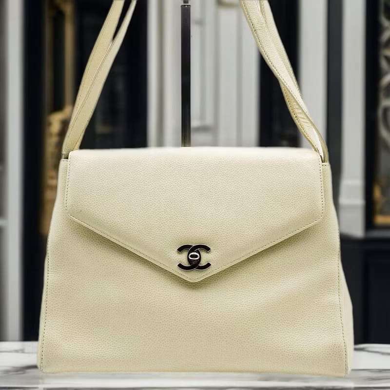 Chanel Beige Caviar Leather Silver Hardware Turnlock Kelly/Tote/Shoulder Bag