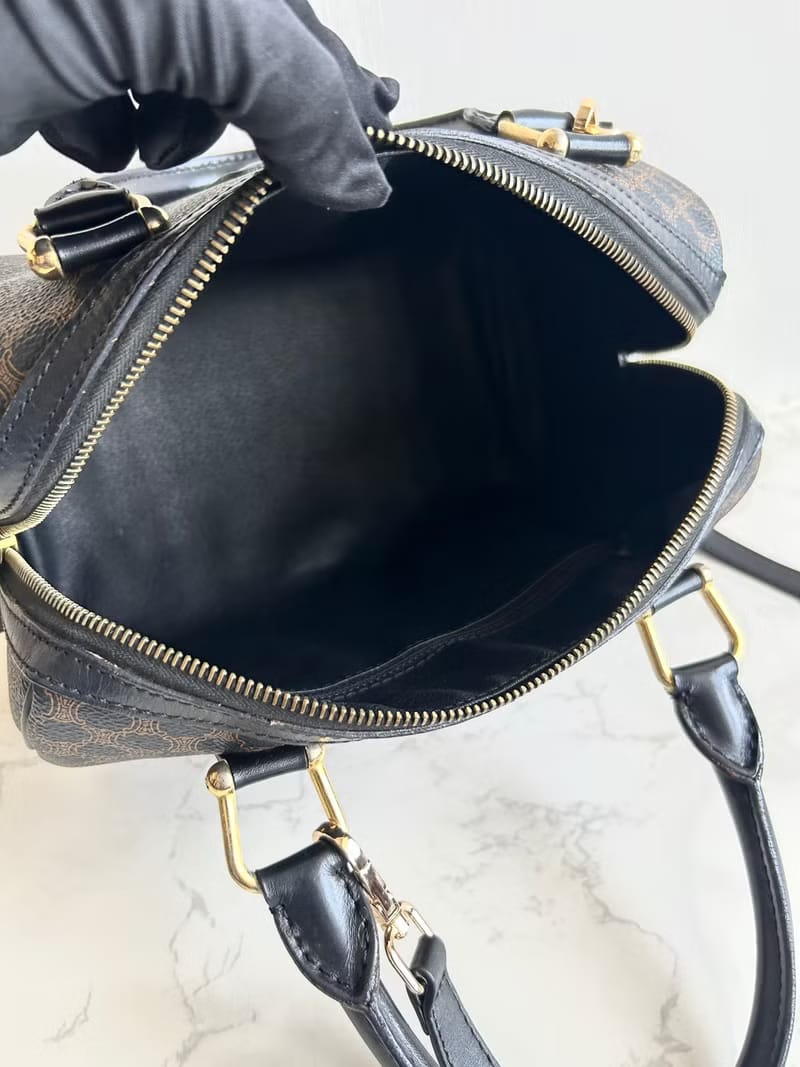 Celine Rare Black Triomphe Canvas Small Boston Bag / Shoulder Bag / Crossbody Bag