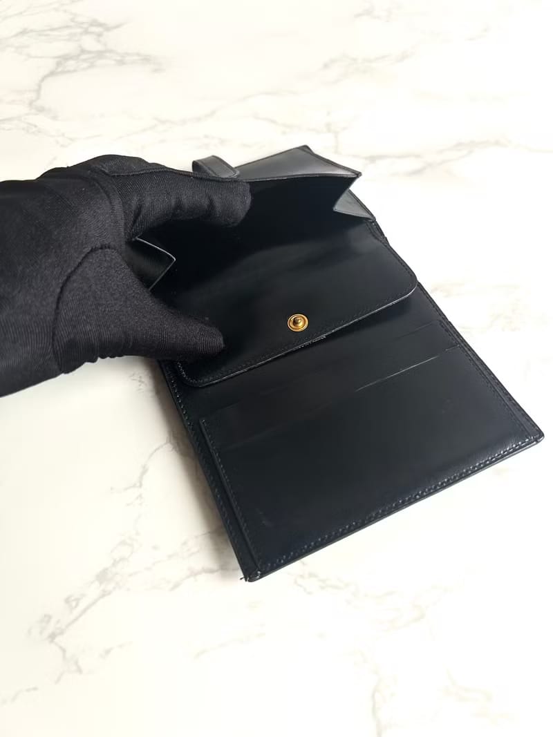 Hermes Saumur Diane復古黑色金扣皮革古董短夾錢包