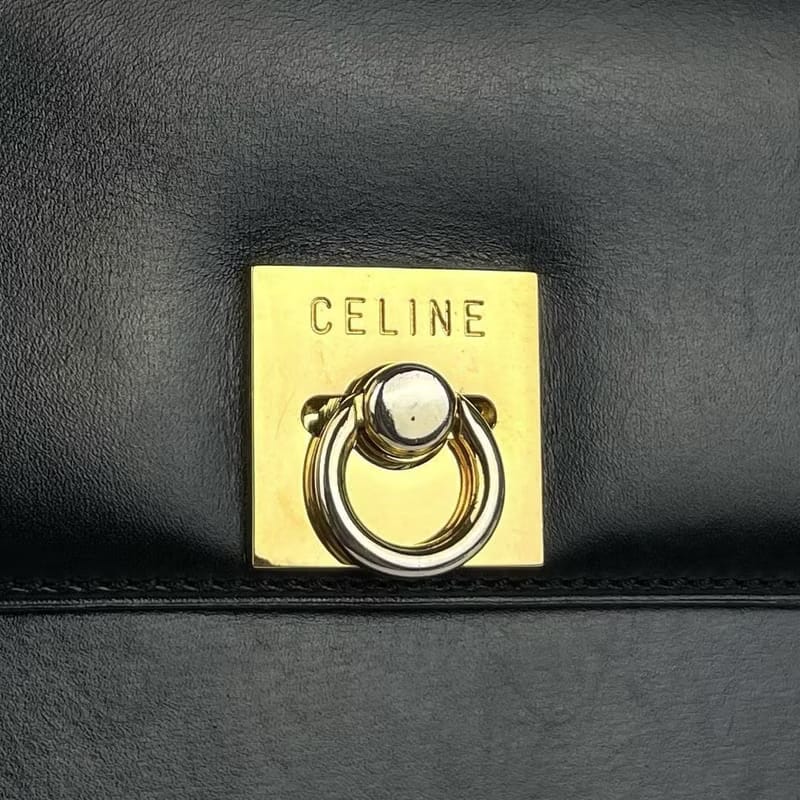 中古Celine黑色金扣翻蓋盒子皮革包 / 側背包