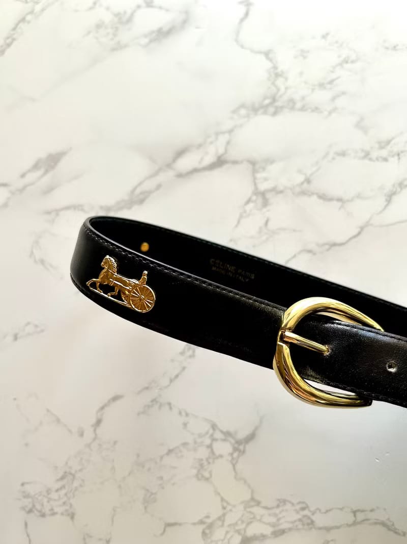 Celine 黑色金馬車皮革腰帶/女裝皮帶