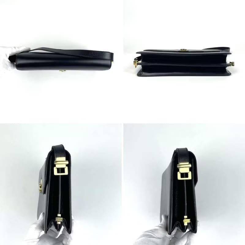 中古Celine黑色金扣翻蓋盒子皮革包 / 側背包