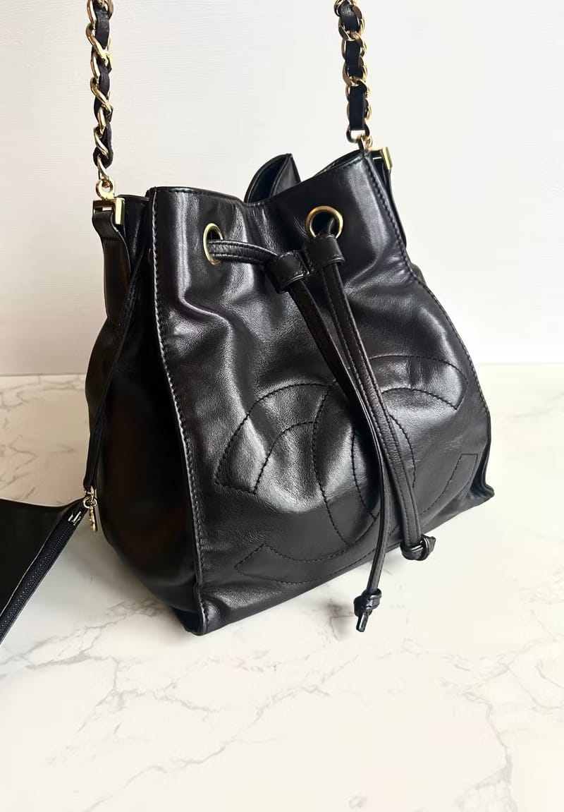 Chanel Black and Gold Chain Bucket Bag/Shoulder Bag/Crossbody Bag