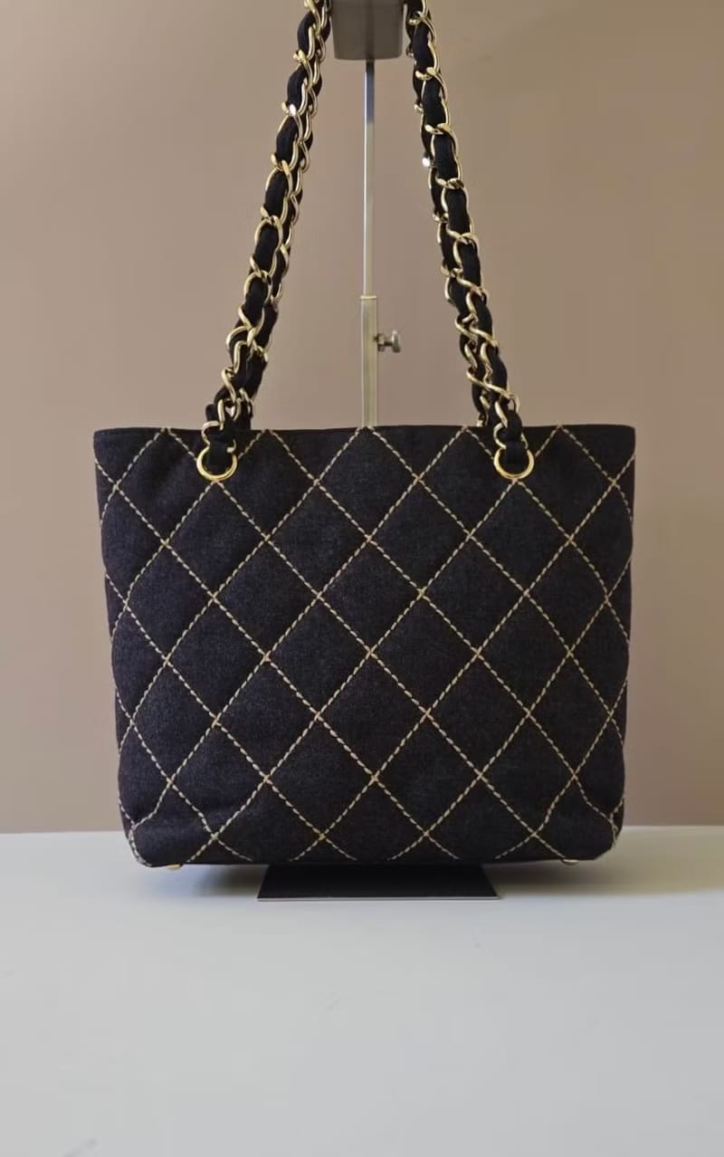 Rare Pre-owned Chanel Black Wild Stitch Tweed Chain Vivian Tote/Shoulder Bag/Crossbody Bag