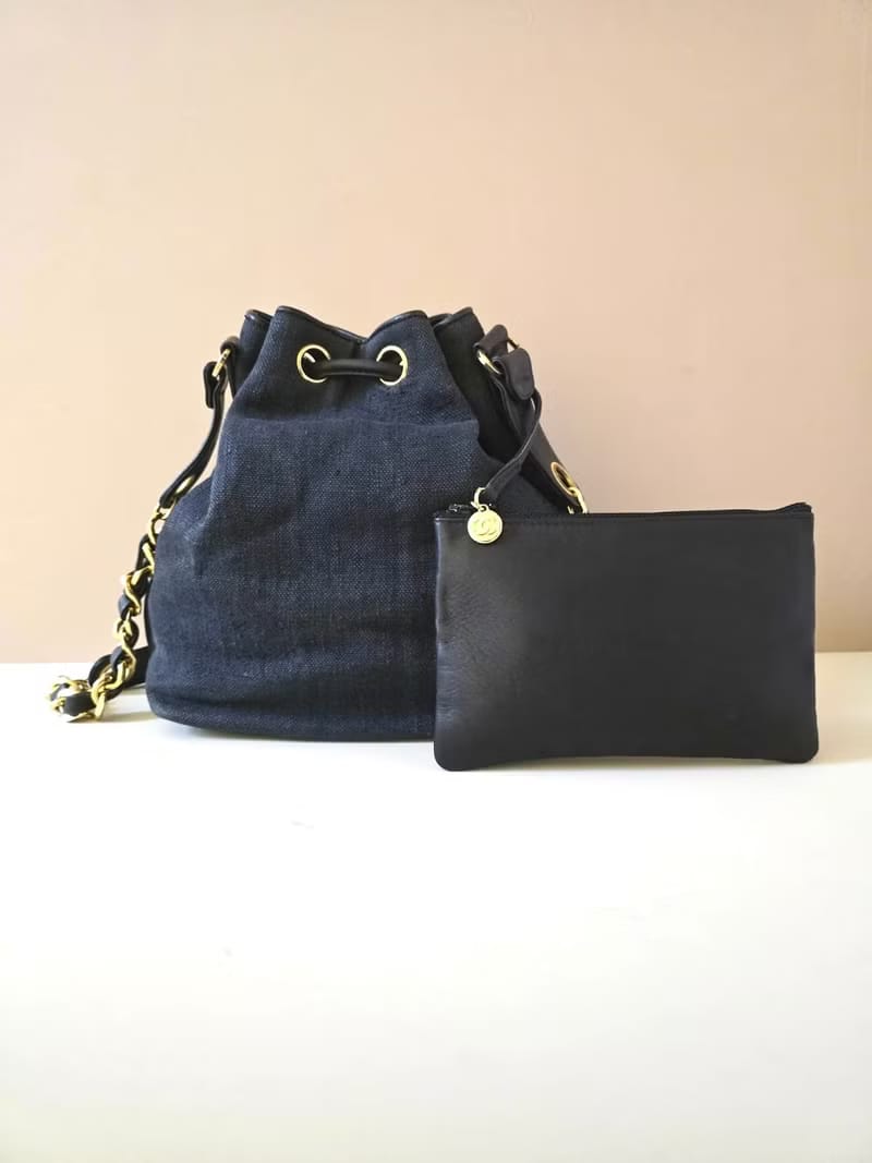 Chanel Vintage Blue and Black Canvas and Leather Chain Bucket Bag with Original Pouch/Shoulder Bag