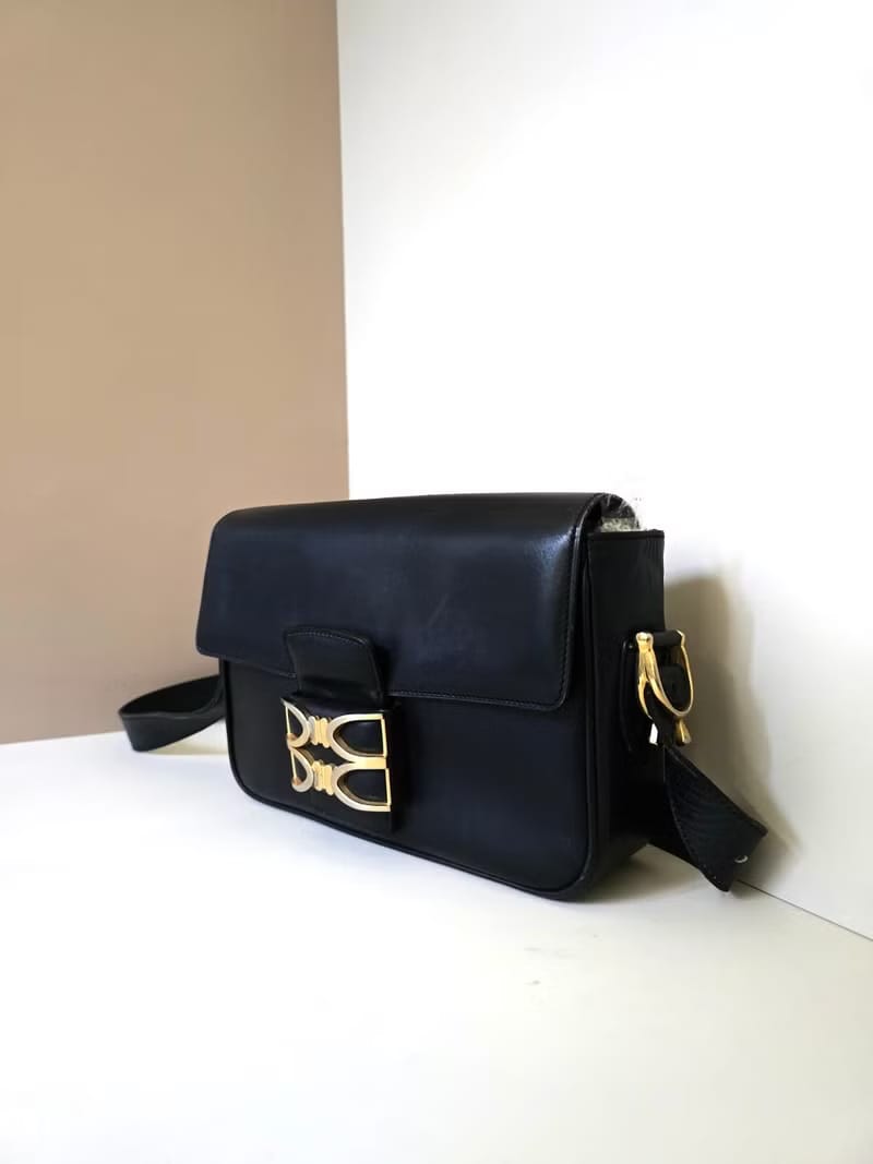 稀有中古二手Celine雙凱旋門馬蹄扣黑色皮革側背包