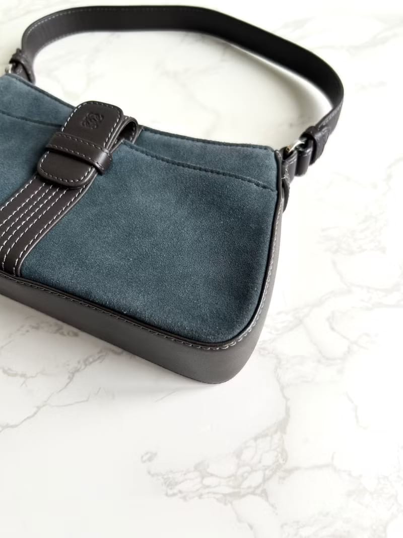 Rare Loewe Grey-Blue Leather Anagram Hobo Bag/Shoulder Bag/Crossbody Bag
