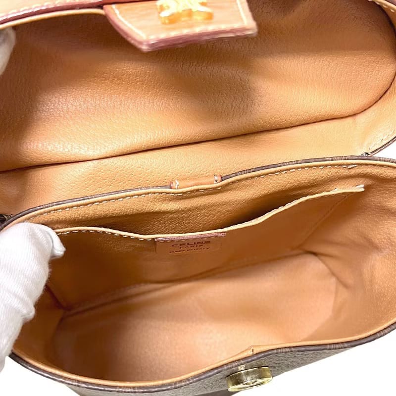 Celine coffee-colored old flower leather cosmetic chain shoulder bag/side bag/oblique bag
